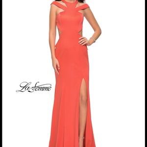 LA FEMME CORAL PROM DRESS WITH SLIT AND CUT OUT BACK NWT
